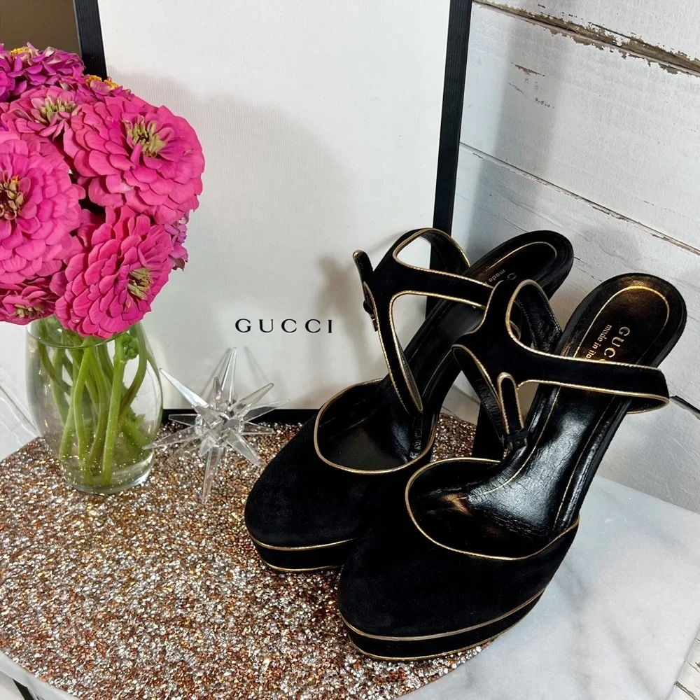 Gucci Black Suede w/ Gold Piping Huston Ankle Strap Platform Pumps​